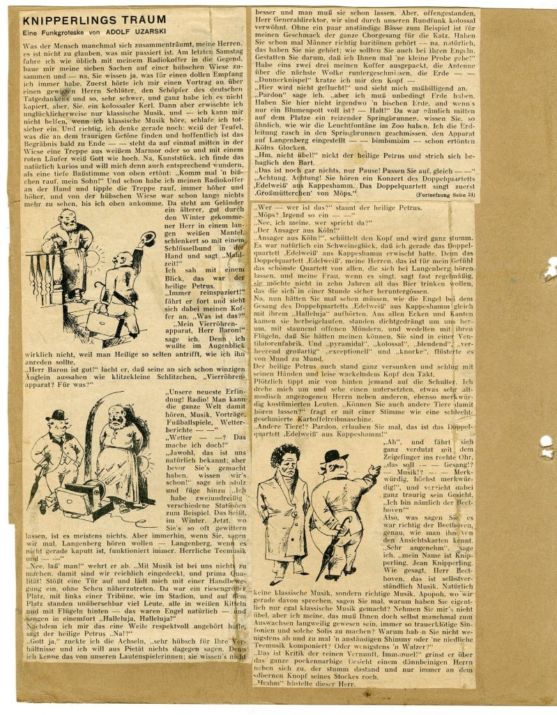 Zeitungsausschnitte: Knipperlings Traum. Eine Funkgroteske von Adolf Uzarski (außerdem: Wie ich mir einen Lautsprecher bastelte, Delphine, Herr Knirschke im Zoo . Ein Dialog, Kleines Abenteuer in Ronda (Reisebericht))