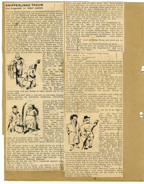 Adolf Uzarski (Autor*in), Zeitungsausschnitte: Knipperlings Traum. Eine Funkgroteske von Adolf Uzarski (außerdem: Wie ich mir einen Lautsprecher bastelte, Delphine, Herr Knirschke im Zoo . Ein Dialog, Kleines Abenteuer in Ronda (Reisebericht)), vermutlich um 1930