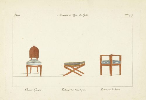 Pierre de La Mésangère (Herausgeber*in), Chaise Garnie. Tabouret à l'Antique. Tabouret à bras., 1805–1807