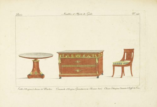 Pierre de La Mésangère (Herausgeber*in), Table d'Acajou à dessus de Marbre. Commode d'Acajou: Garnitures en Bronze doré. Chaise d'Acajou, Couverte d'Etoffe de Crin., 1805–1807