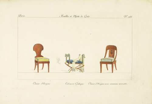 Pierre de La Mésangère (Herausgeber*in), Chaise d'Acajou. Tabouret Gothique. Chaise d'Acajou avec ornements incrustés., 1807–1809