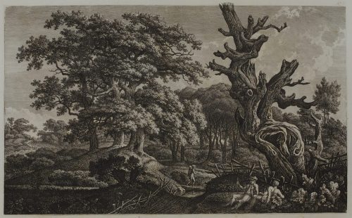 Carl Wilhelm Kolbe der Ältere (Künstler*in), Fantastischer toter Baum in hügeliger Eichenlandschaft mit rastenden Männern, 1820/21