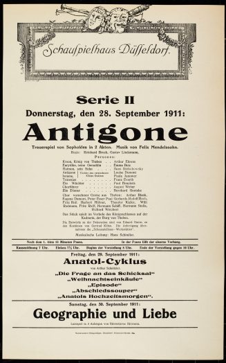 Theaterzettel "Antigone" von Sophokles. Aufführung am 28.11.1911 in der Serie II