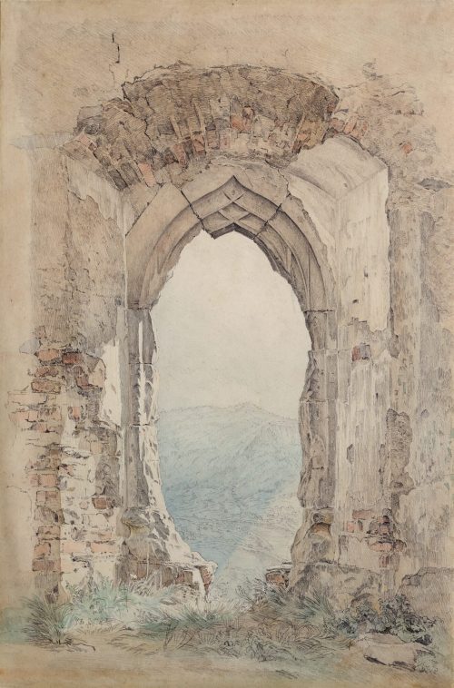 Elise Crola (Künstler*in), Blick durch ein Fenster der Ruine Schreckenstein auf die Elbe, 1840