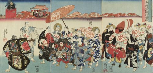Utagawa Kuniyoshi (Künstler*in), Umzug der Gesellen aus dem Blaublütenstudio des wackeren Kuniyoshi, um 1848