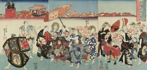 Utagawa Kuniyoshi (Künstler*in), Umzug der Gesellen aus dem Blaublütenstudio des wackeren Kuniyoshi
, um 1848