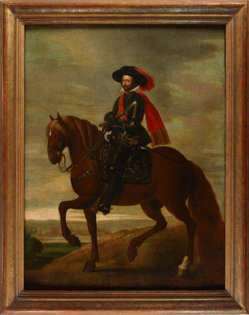 Unbekannt (Künstler*in), Wolfgang Wilhelm (1578 - 1653), Pfalzgraf bei Rhein zu Neuburg, Herzog von Jülich-Berg zu Pferd vor der Stadt Düsseldorf , um 1630