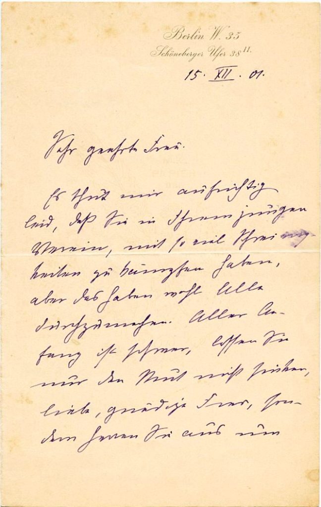 Brief von Anna Pappritz an die Leiterin eines Frauenvereins, 1. Seite