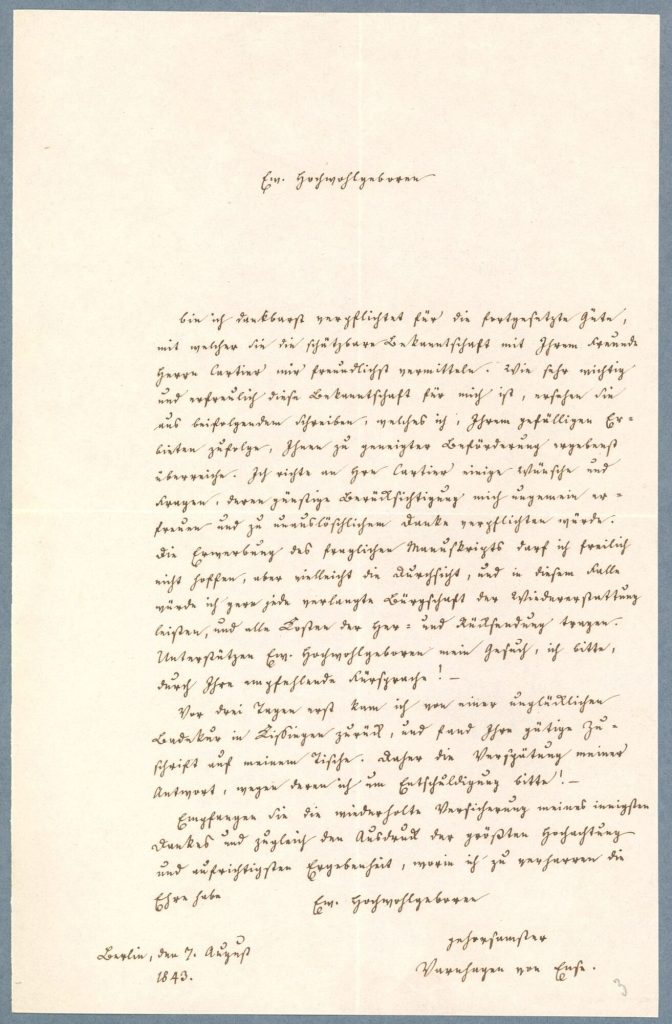 Varnhagen an unbekannten Empfänger, 7. 8. 1843