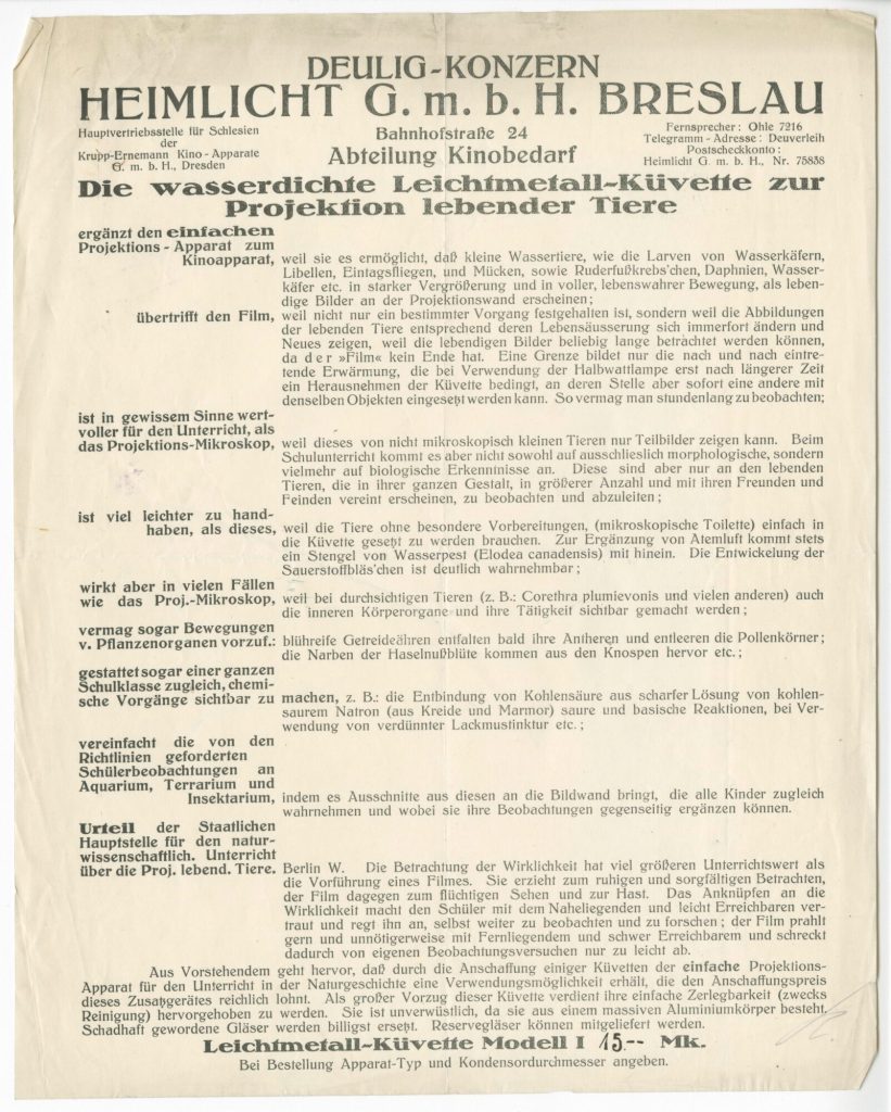 Die wasserdichte Leichtmetall-Küvette zur Projektion lebender Tiere, ca. 1920er Jahre