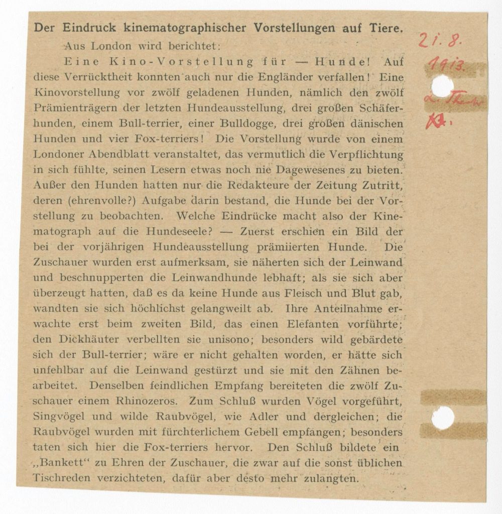 Der Eindruck kinematographischer Vorstellungen auf Tiere, 1913