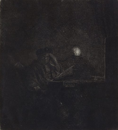 Rembrandt Harmenszoon van Rijn (Künstler*in), Student an einem Tisch im Kerzenlicht, ca. 1642