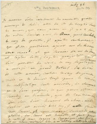 Brief von Jeanne Antoinette Poisson marquise de Pompadour an Étienne-François de Choiseul