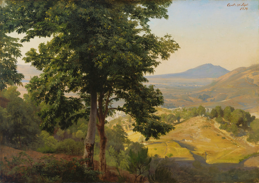 "Italienische Landschaft" – Blick gegen Süden von der Serpentara auf die Albaner Berge mit dem Monte Artemisio, vorne Esskastanien