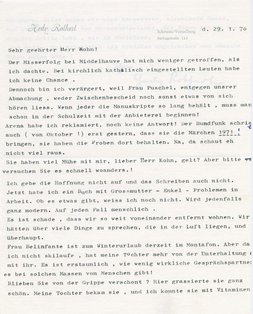 Brief von Hedy Rothert an Hein Kohn, 1970, 1. Seite