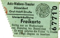 Eine Eintrittskarte (Freikarte) des "Asta Nielsen-Theater" in der Graf-Adolf-Straße 37 in Düsse ...