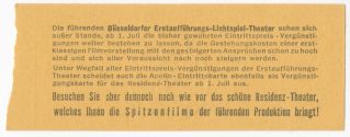 Rückseite einer Eintrittskarte (II. Rang) des "Apollo-Theater" Düsseldorf auf der Königsallee 1 ...