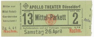 Eine Eintrittskarte (Mittel-Parkett) des "Apollo-Theater" Düsseldorf auf der Königsallee 106 in ...