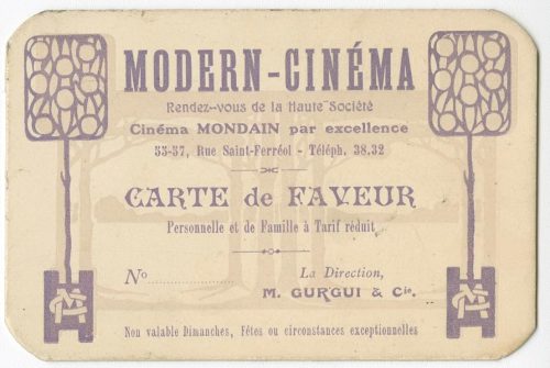 Eine Eintrittskarte des "Modern-Cinéma" in der Rue Saint-Ferréol 55-57 in Marseilles, Frankreic ...