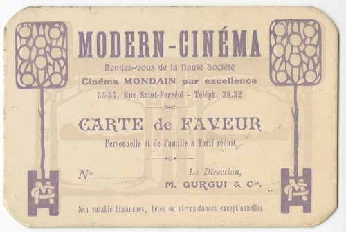 Eine Eintrittskarte des "Modern-Cinéma" in der Rue Saint-Ferréol 55-57 in Marseilles, Frankreic ...