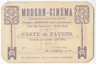 Eine Eintrittskarte des "Modern-Cinéma" in der Rue Saint-Ferréol 55-57 in Marseilles, Frankreic ...