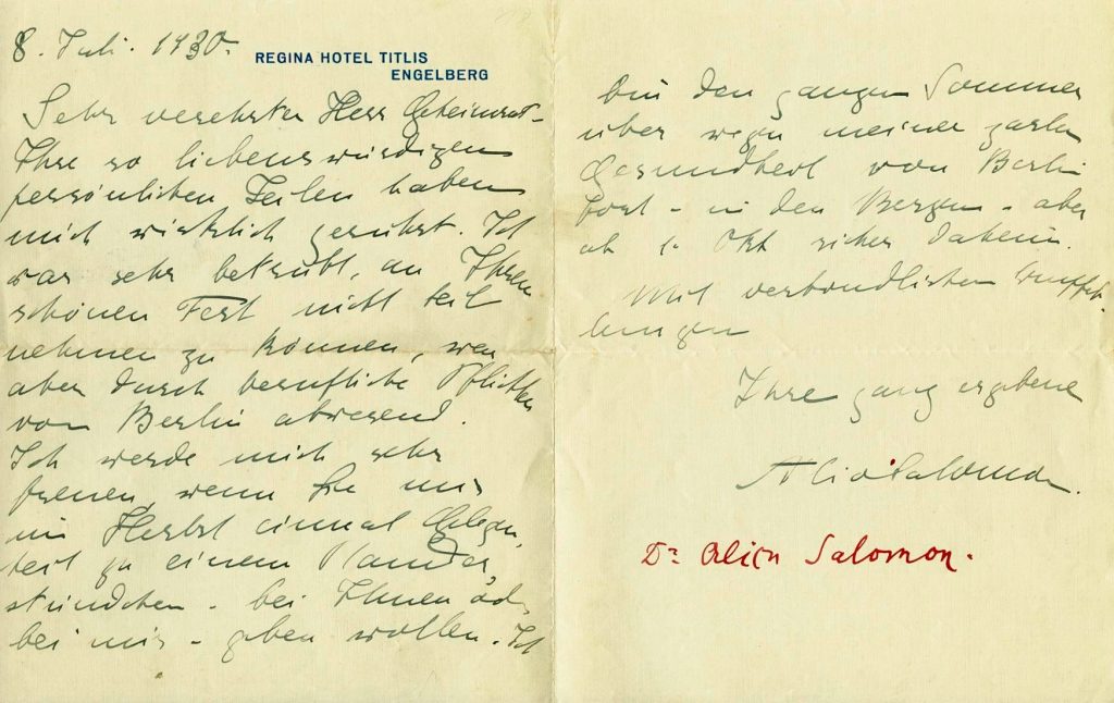 Brief von Alice Salomon an einen Herrn Geheimrat