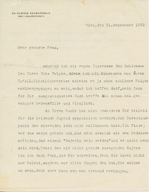 Brief von Eugenie Schwarzwald, 1. Seite