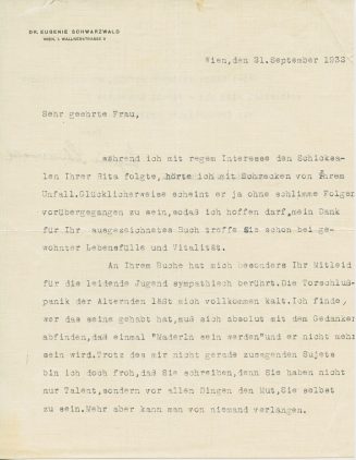 Brief von Eugenie Schwarzwald, 1. Seite