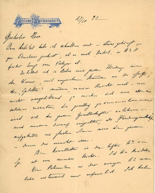 Brief von Bertha von Suttner an Wilhelm Dworaczek, 1. Seite