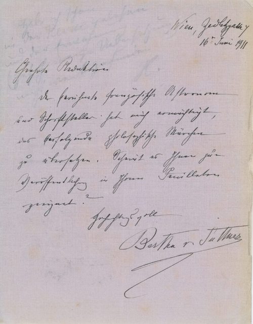 Brief von Bertha von Suttner an eine Redaktion