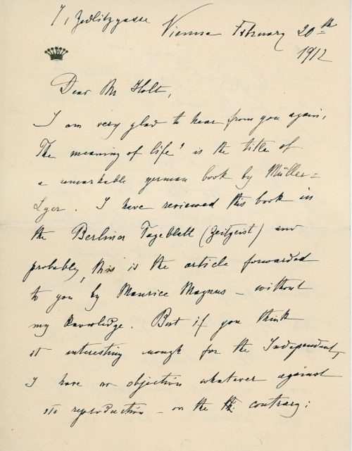 brief von Bertha von Suttner an Mr. Holt, 1. Seite