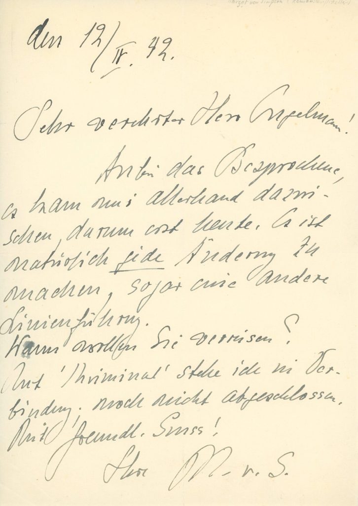 Brief von Margot von Simpson an Bernt Engelmann