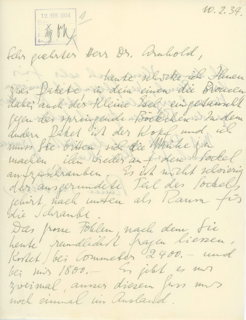 Brief von Renée Sintenis an den Kunstsammler Arnhold, 1. Seite