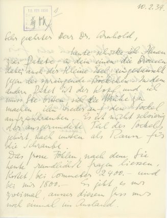 Brief von Renée Sintenis an den Kunstsammler Arnhold, 1. Seite