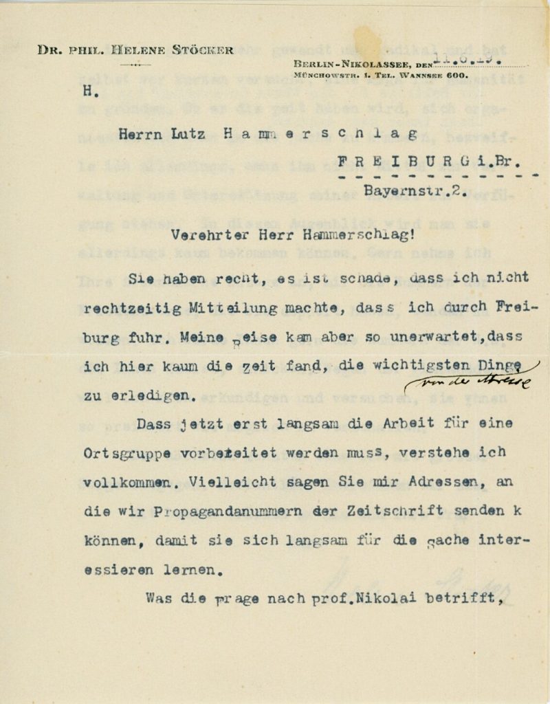 Brief von Helene Stöcker an Lutz Hammerschlag, 1. Seite