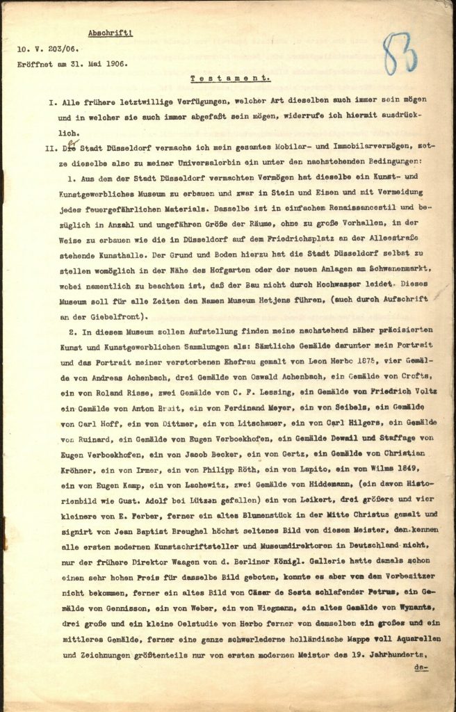 Seite 1 der Abschrift des Testaments von Laurenz Heinrich Hetjens