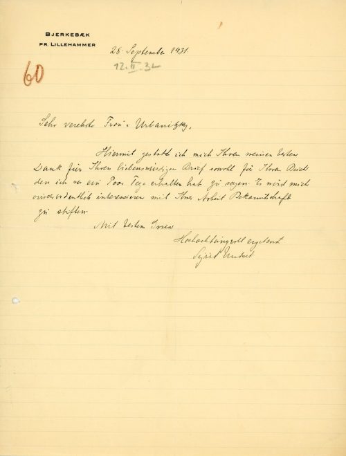 Brief von Sigrid Undset an Grete von Urbanitzky