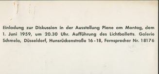 Einladungskarte zur Diskussion in der Ausstellung "Piene"