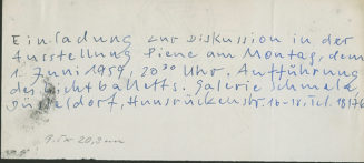 Entwurf für die Einladungskarte anlässlich der Diskussion in der Ausstellung "Piene", Galerie Schmela