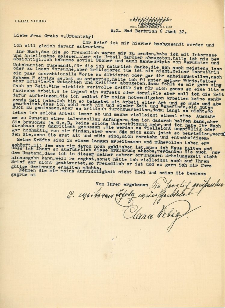 Brief von Clara Viebig an Grete von Urbanitzky