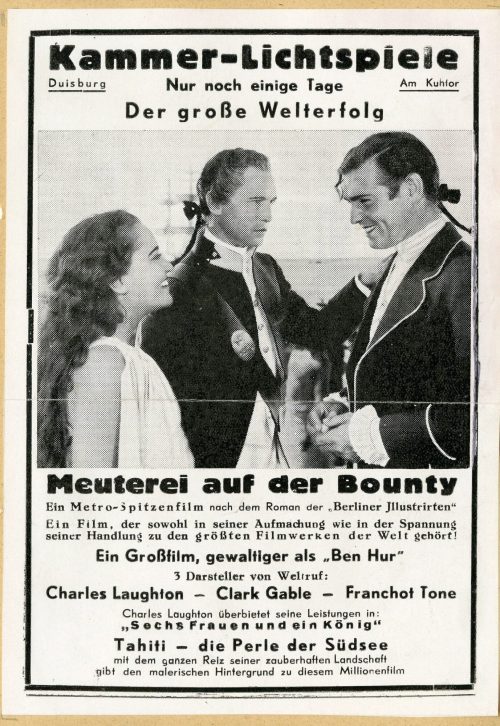 Werbeanzeige für den Film "Meuterei auf der Bounty" in den  Kammer-Lichtspielen Duisburg, ca. 1 ...