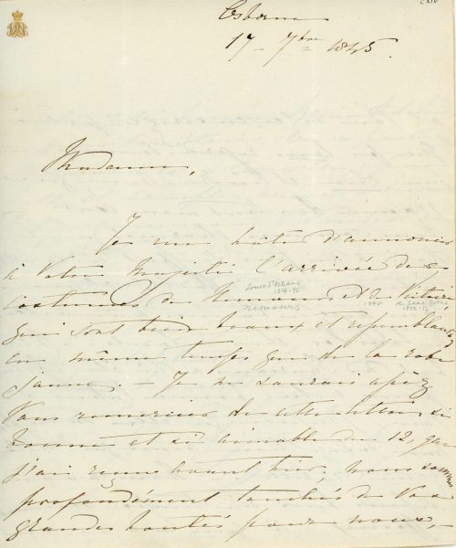 Brief von Königin Viktoria an Königin Marie Amélie, 1. Seite