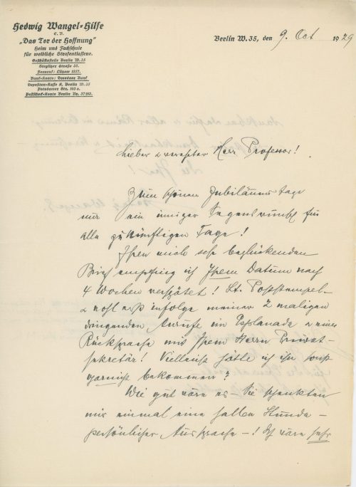 Brief von Hedwig Wangel, 1. Seite