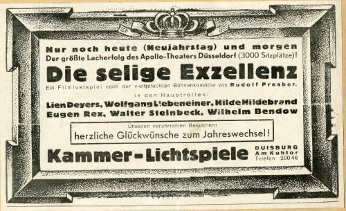 Werbeanzeige zu dem Film "Die sellige Exzellenz" in den Kammer-LIchtpsielen Duisburg, 1.1.1936