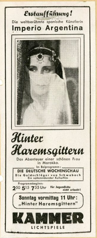 Werbeanzeige für den Film "Hinter Haremsgittern" in den Kammer-Lichtspielen Duisburg, ca. 1940