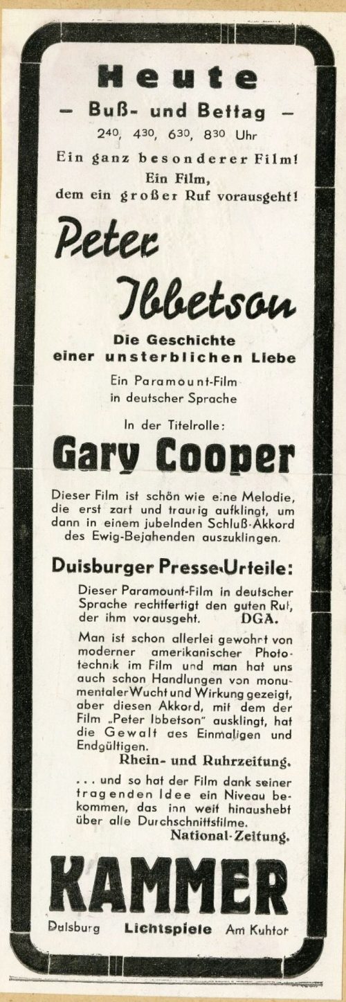 Werbeanzeige für den Film "Peter Ibbetson" in den Kammer-Lichtspielen Duisburg, ca. 1936