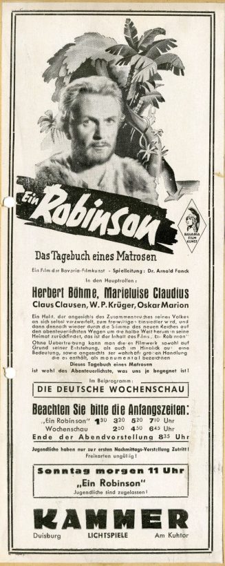 Werbeanzeige für den Film "Ein Robinson" in den Kammer-Llichtspielen Duisburg, ca. 1940