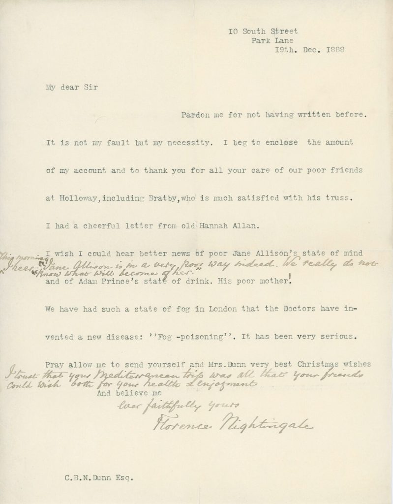 Brief von Florence Nightingale an Mr. Dunn