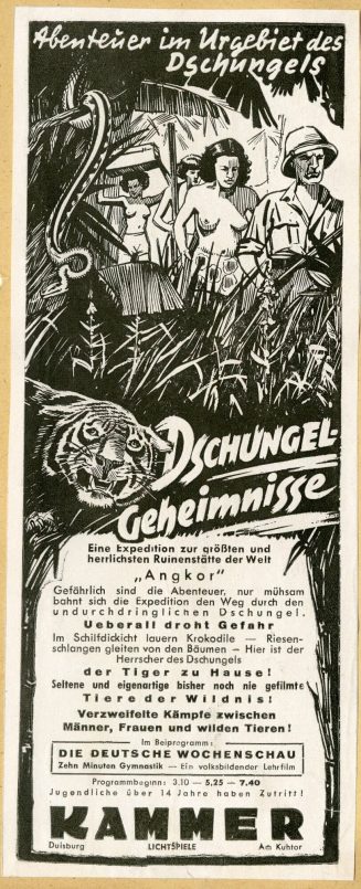 Werbeanzeige für den Film "Dschungel-Geheimnisse" in den Kammer-Lichtspielen Duisburg, ca. 1939 ...