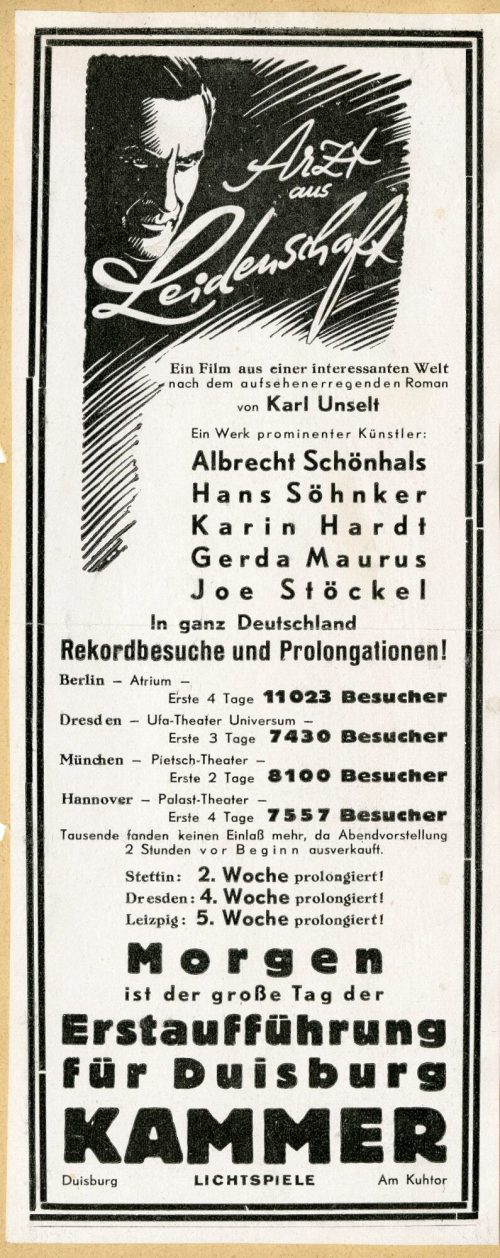 Werbeanzeige für den Film "Arzt aus Leidenschaft" in den Kammer-Lichtspielen Duisburg, ca. 1936